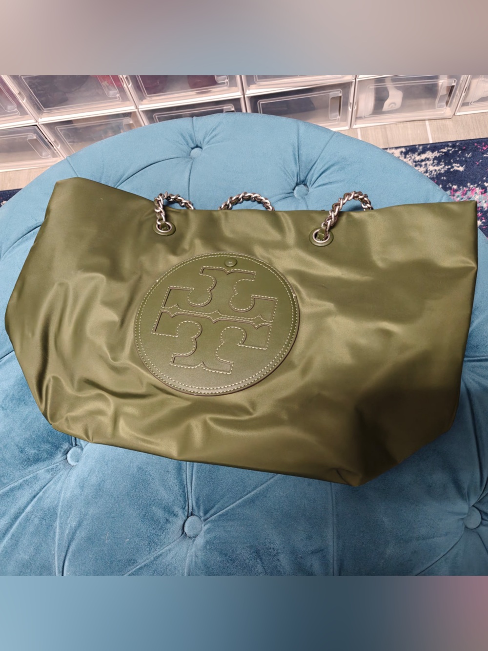 Tory Burch Olive Nylon Tote with Chain Handles